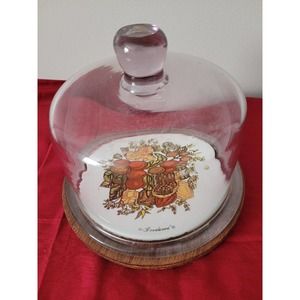 Vintage Goodwood Genuine Teak Wood Cheese Board Tray with Glass Dome Cloche Lid